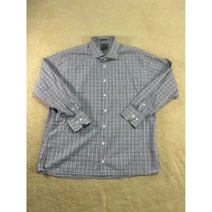 Vintage Neiman Marcus Trim Fit Plaid Dress Shirt 17.5 34/35 Blue White Hong Kong